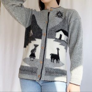 Vintage Grey Wool Llama Landscape Cardigan Size M